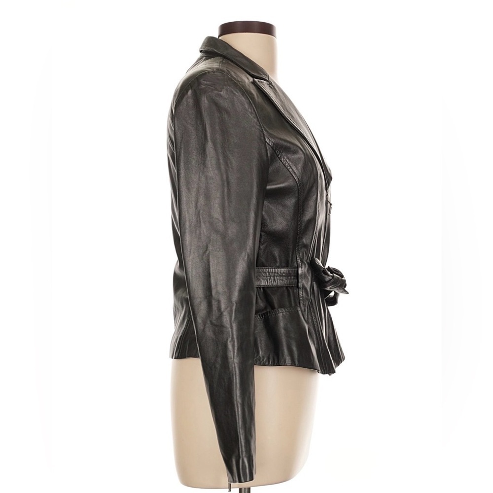 Cache Lamb Leather Jacket Motto Belted Tie 10 Vintage 90s Blazer Fitted Short M - Picture 3 of 10
